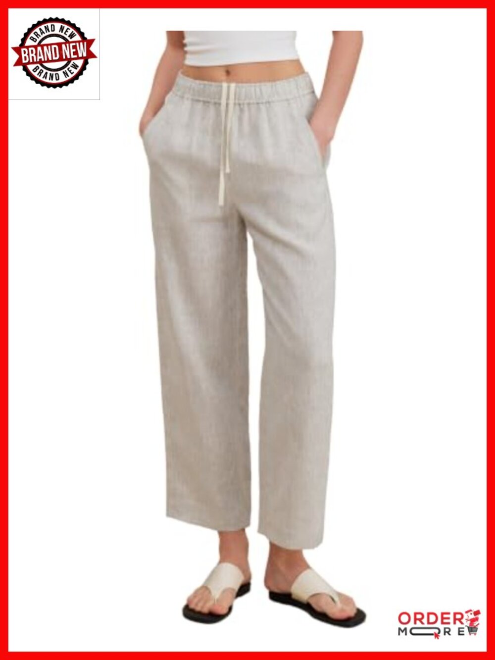 100% Linen Cropped Pants Relaxed Fit Elastic Waist Casual Summer